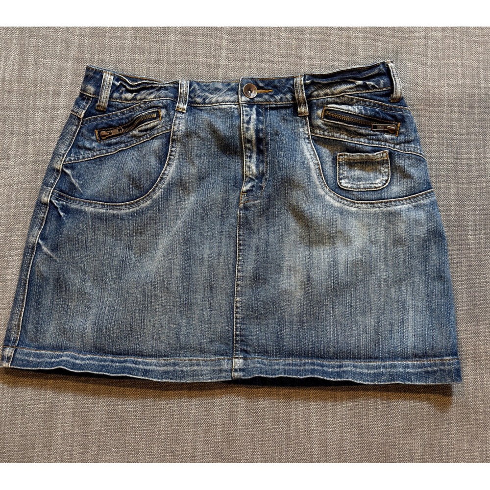 LA Blues Denim Mini Skirt‎ Womens Size 34 Blue Distressed Pockets Zip Detail